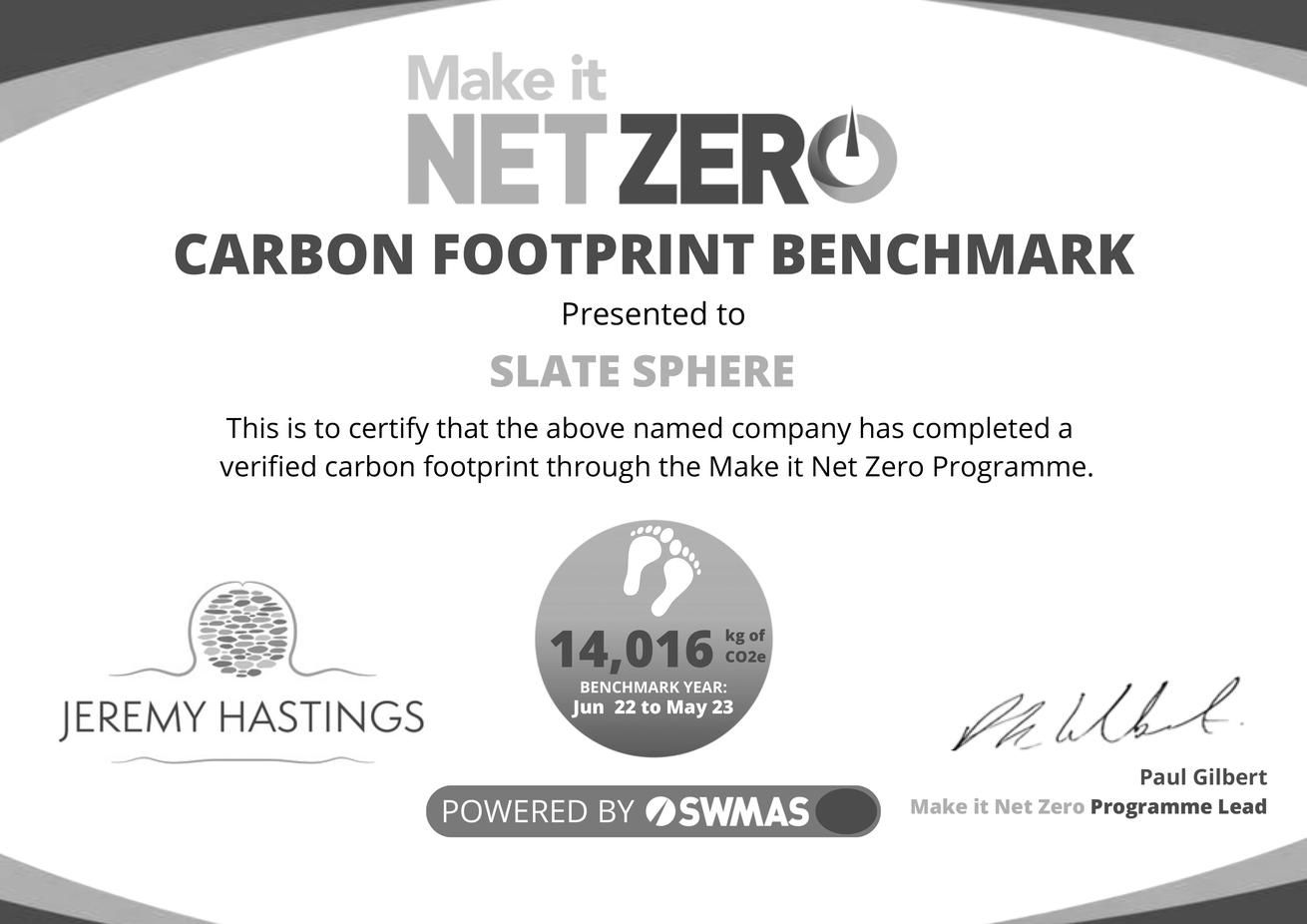 Certificate awarded for the completion of a verified carbon footprint through the Make it Net Zero Programme