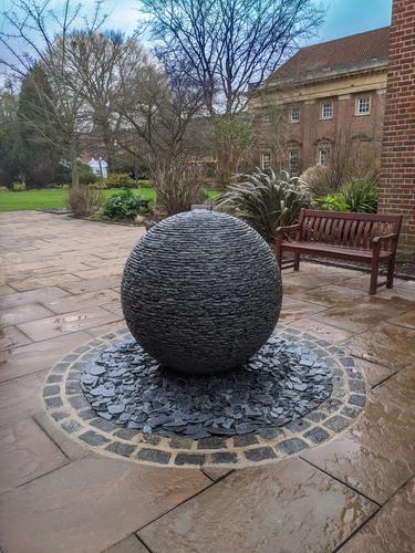 Jeremy Hastings 1.2m extra large grey slate ball water feature, oxford university.