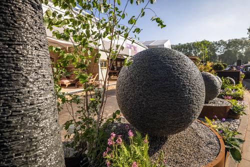 Jeremy Hastings 1.5m extra large grey slate ball water feature, RHS Chelsea 5 star trade stand 2024