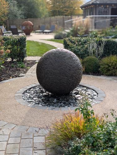 Jeremy Hastings 1m Large grey slate ball water feature, front view