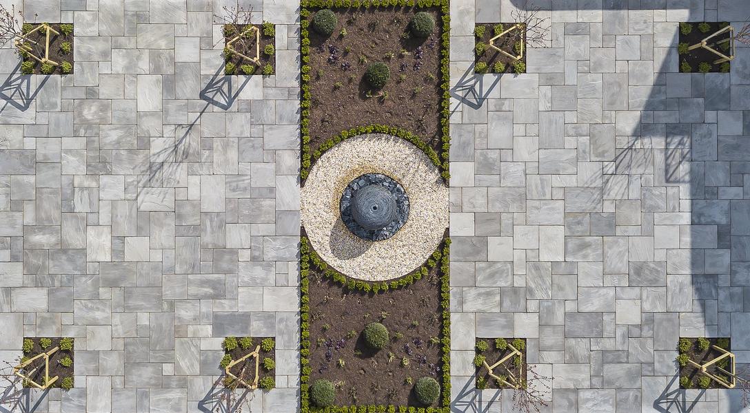 Jeremy Hastings 1m grey slate ball water feature walled garden large patio, aerial view
