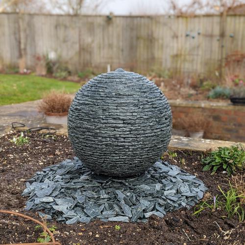 Jeremy Hastings 500mm extra small grey slate ball water feature, flower bed