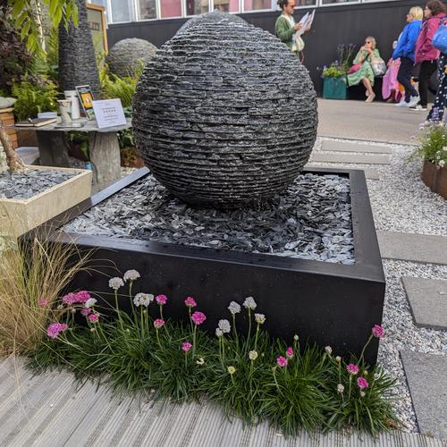 Jeremy Hastings 500mm extra small grey slate ball water feature, black box, RHS Chelsea 2025