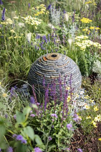 Jeremy Hastings 500mm extra small rustic slate ball water feature, Long border, RHS Tatton 2023