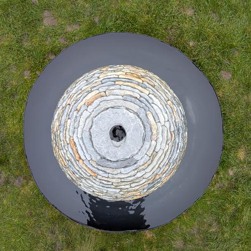 Jeremy Hastings 500mm extra small rustic slate ball water feature, Little Chalfont, Birds eye view.