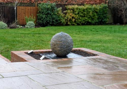 Jeremy Hastings 500mm extra small rustic slate ball water feature, front view