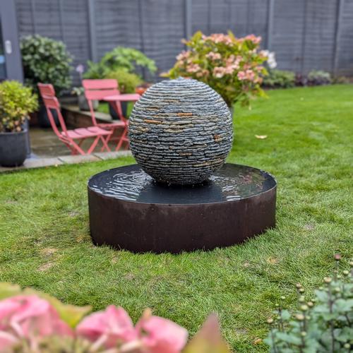 Jeremy Hastings 650mm small rustic slate ball water feature, steel pool