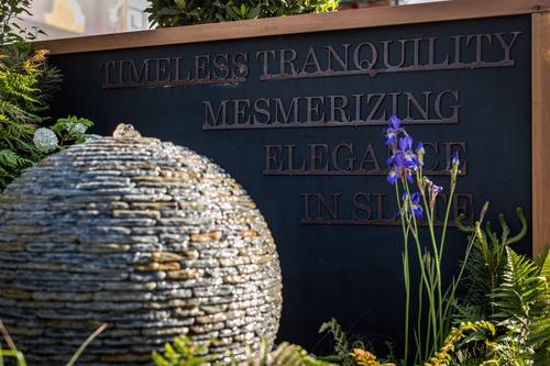 Jeremy Hastings 650mm rustic slate ball water feature, 5 star award winning stand at RHS Chelsea 2024