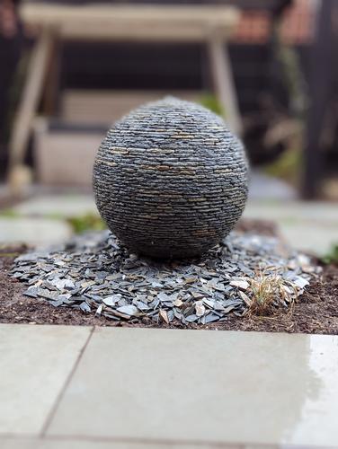 Jeremy Hastings 800mm rustic slate ball water feature, garden design, Manchester