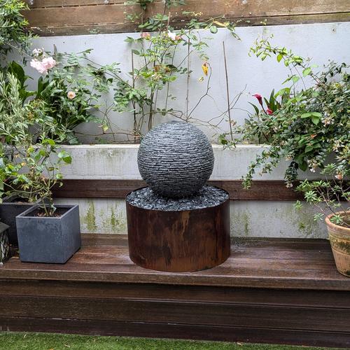 Jeremy Hastings 500mm extra small rustic slate ball water feature, front view