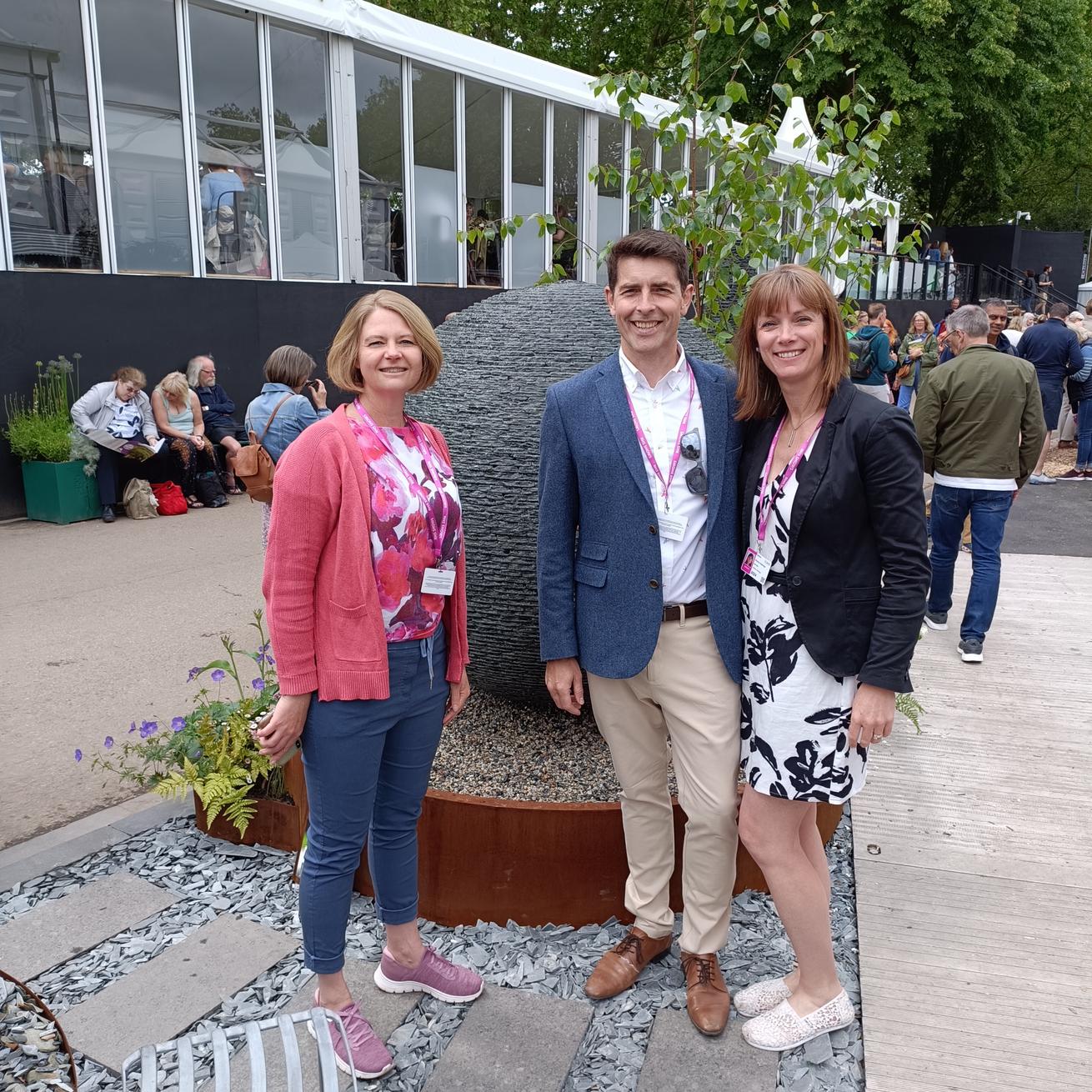 Jeremy and Victoria Hastings pictured with Catherine Gibbon at RHS Chelsea 2024. Catherine produced the design drawings for the Jeremy Hastings stand. Catherine went on to design her own garden for Chelsea in 2025 and won a Gold medal with designer Jenny Donnelly for their Room To Breathe Hospital Garden