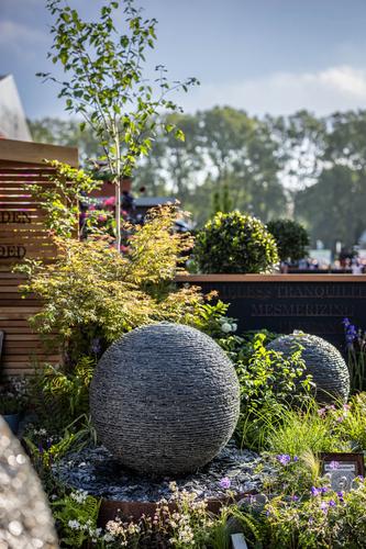 800mm Grey Watersphere at our 5 star awarded stand at RHS Chelsea 2024